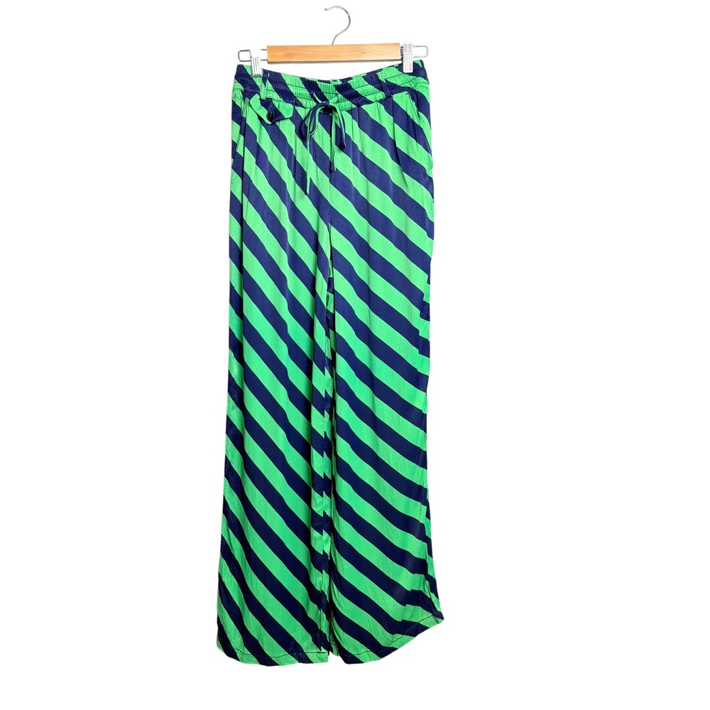 Maeve Anthropologie Green Navy Striped Wide Leg Pants Viscose XS Drawstring